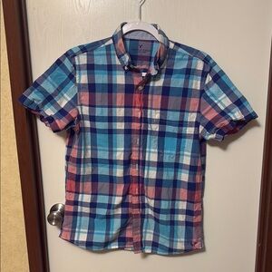 American Eagle Outfitters Men's Blue and Pink Plaid Slim Fit Shirt Size S